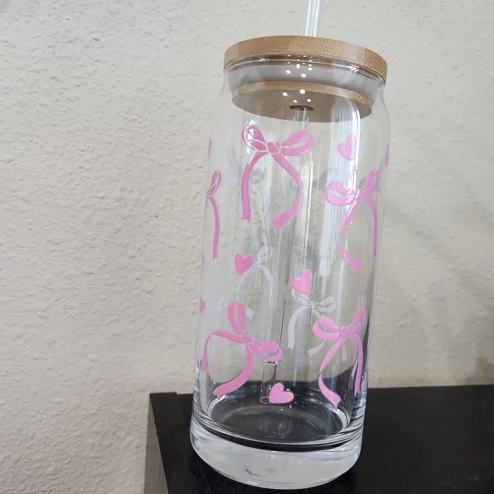 Coquette Pink Bows Balletcore 20 oz Glass Tumbler Cup Bamboo Coffee Matcha Tea